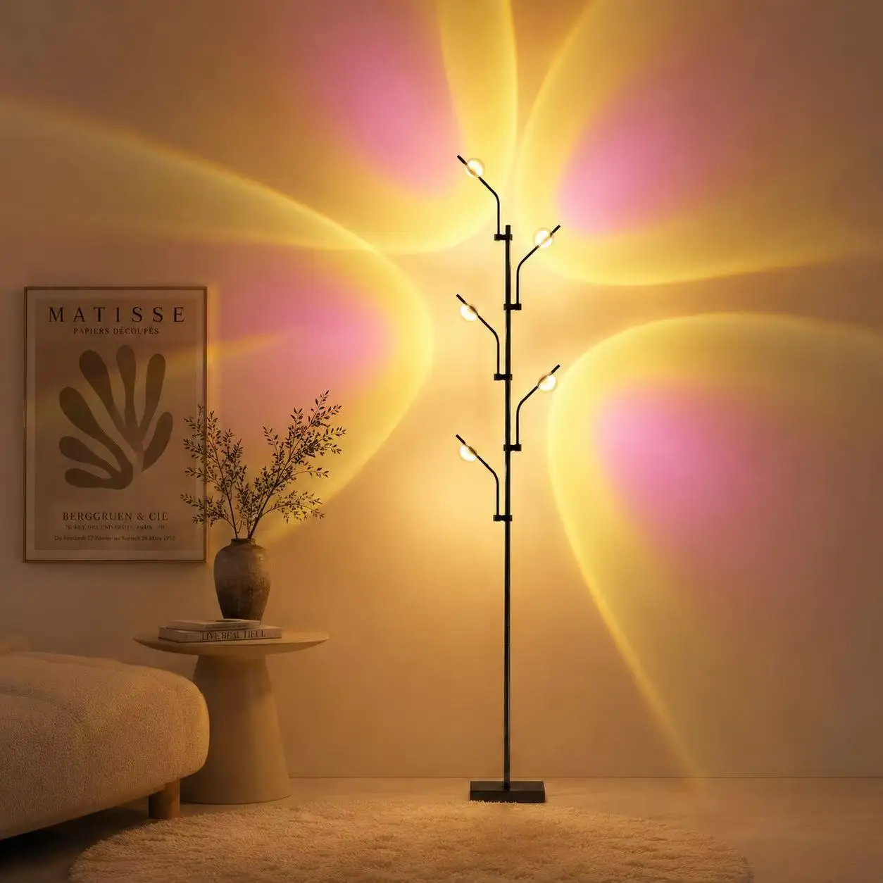 Tree‑Shaped LED Projector Floor Lamp, 5‑Light Modern Standing Lamp, Sunset Projection Ambient Light, Adjustable Arms Decorative Floor Light for Living Room Bedroom Home Wall Decor
