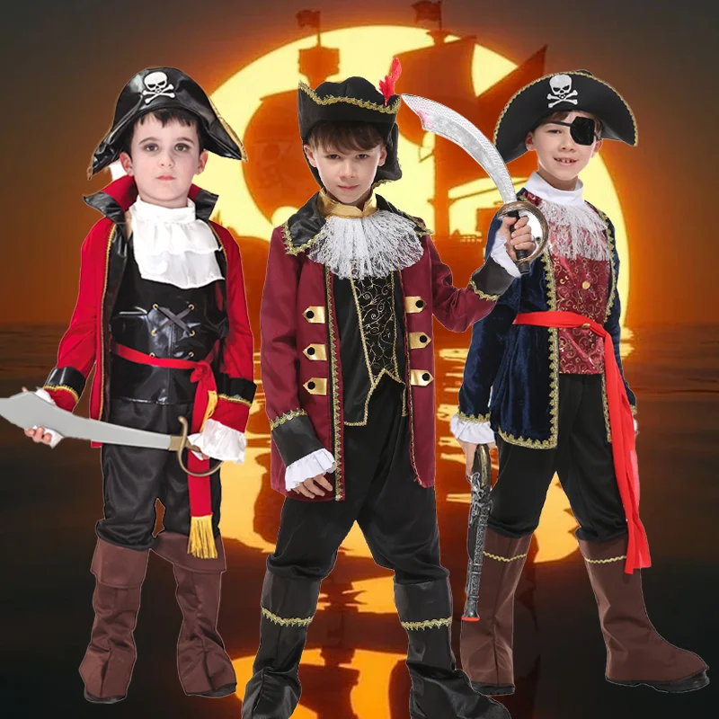 Boys Caribbean Captain Jack Pirate Cosplay Set with Skull Hat Pirates Sailors Military Style Costume Suit Dress Up