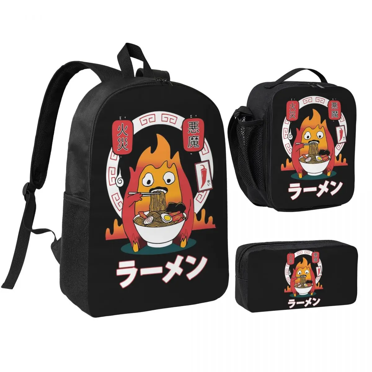 Mochila Spicy Calcifer Studio Ghibli para niños y niñas, mochila escolar, bolsos de hombro, 3 piezas, bolsa de almuerzo aislada, estuche para lápices