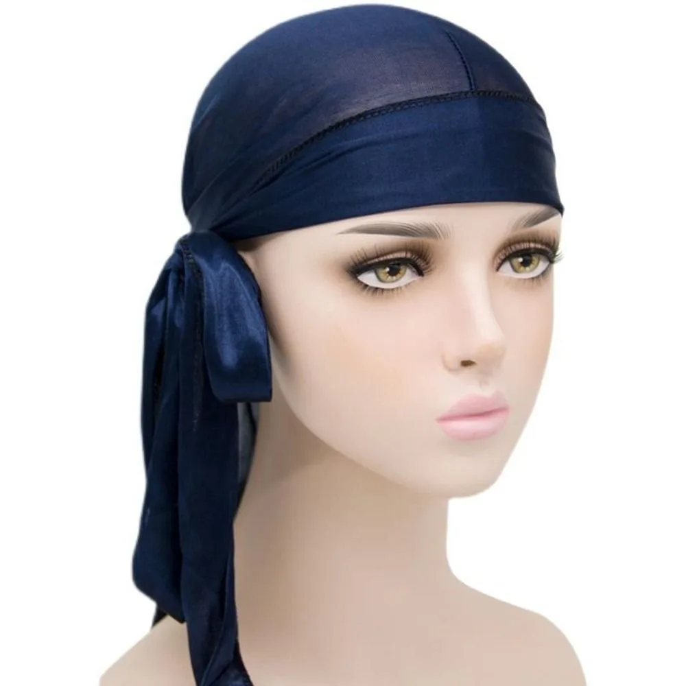 Chapéu turbante muçulmano com cauda longa para homens, envoltórios de cabeça, cachecol de cetim, boné stchy simples, capa de cabeça hip hop chapéu pirata