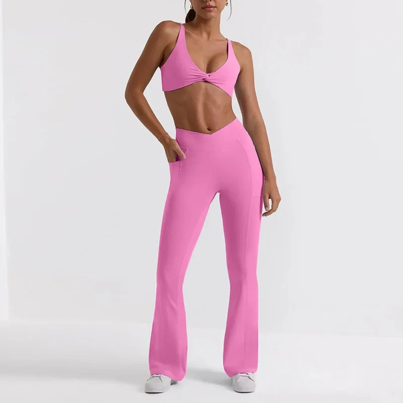 Fato de fitness feminino de duas peças, Yoga Bell Bottoms, sutiã de perna larga, quadril de cintura alta, novo