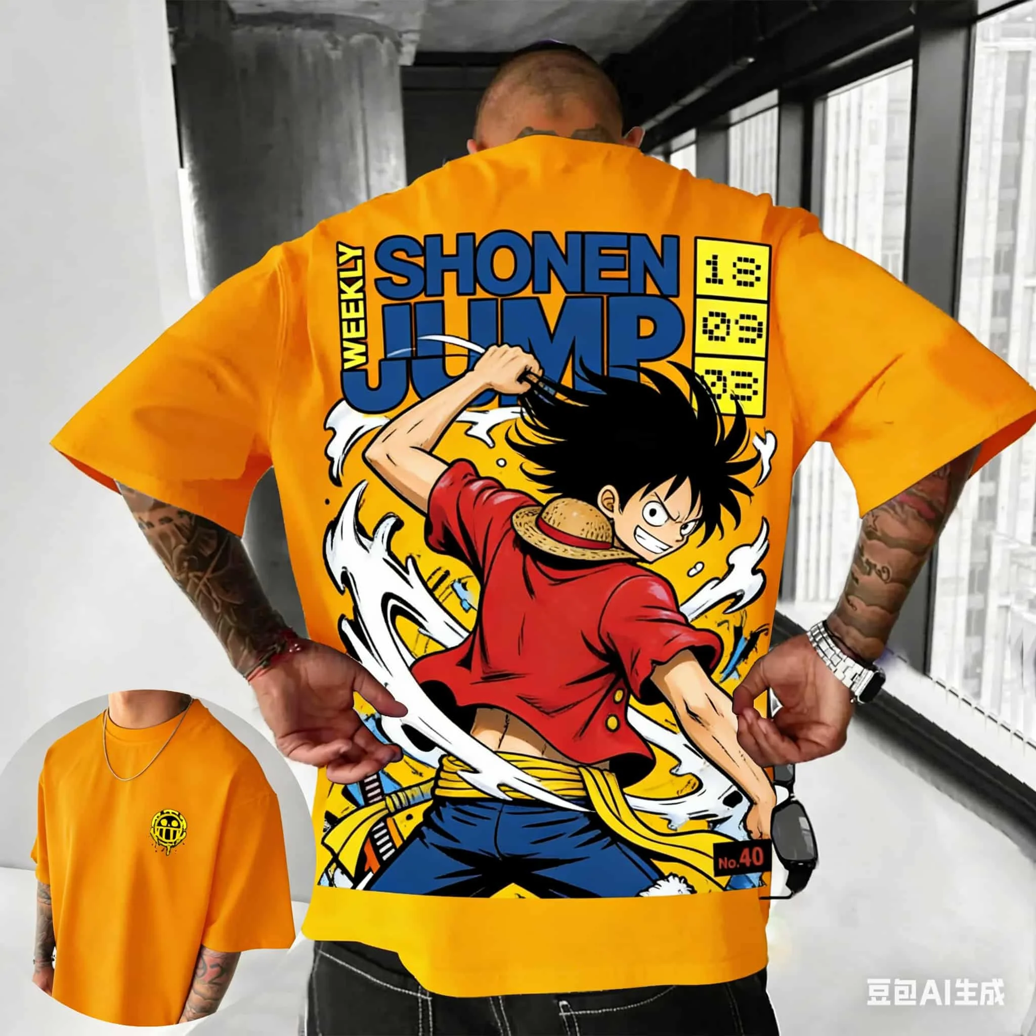 

One Piece Monkey D. Luffy Shonen Jump Cotton T-Shirt Men's Cotton Short Sleeve Crew Neck Tee, Anime Print Casual Streetwear Top