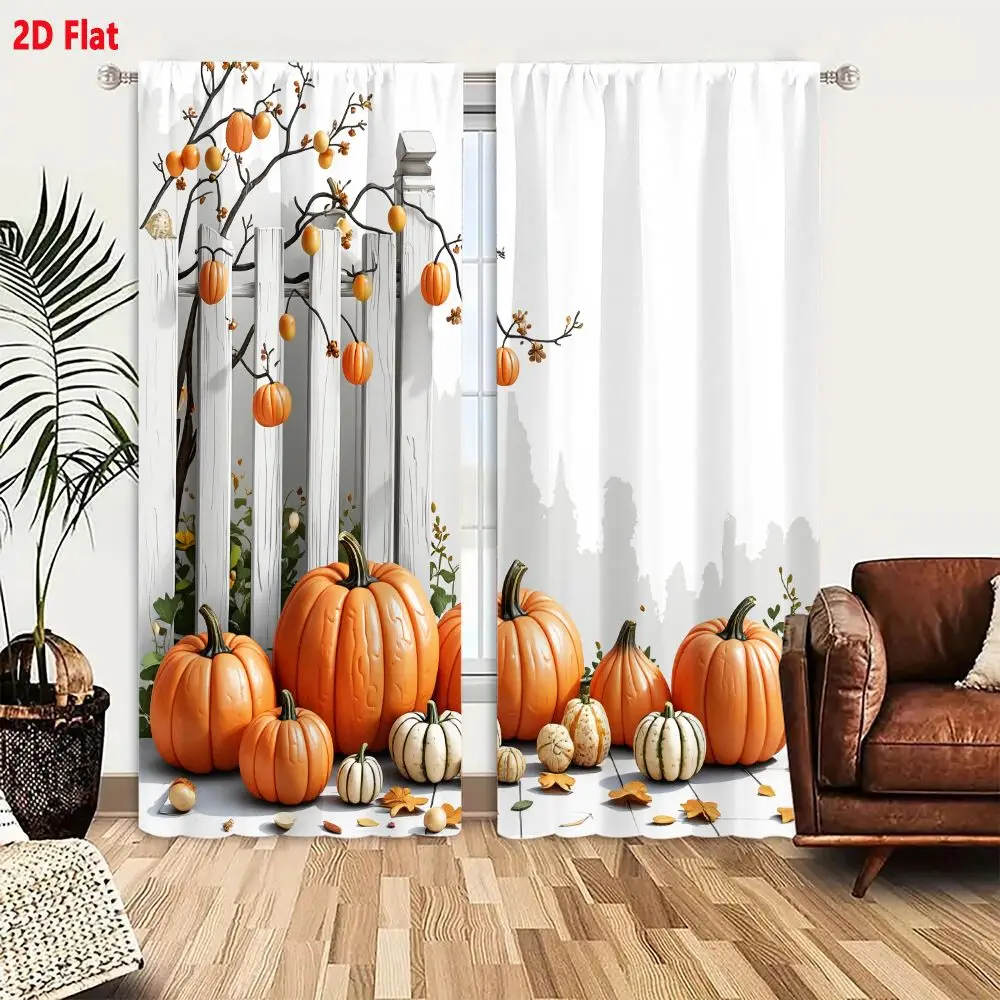 2Pcs Curtains 2D Flat Autumn Pumpkin And Gourd Arrangement With Picket Fence And Decorative Branch Window Drapes for Bedroom Roo