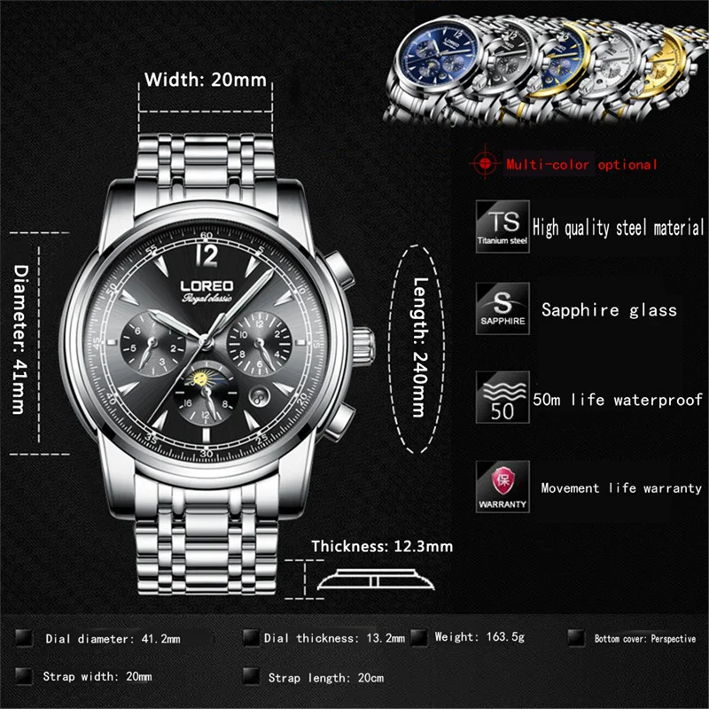 LOERO Top Brand Men Moon Phase Mechanical Wristwatch Sapphire Stainless Steel Waterproof Automatic Watch For Men Reloj Hombre