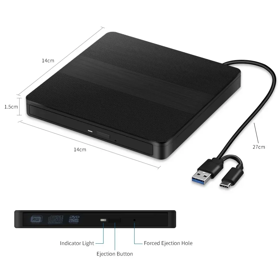 2-in-1 USB3.0 Type-C External DVD RW CD Writer Drive Burner Reader Player CD-ROM DVD-ROM Optical Drives For Laptop Desktop PC