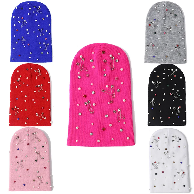 New autumn and winter rhinestone knitted hat, fashionable outdoor warm and cold-proof pullover beanie