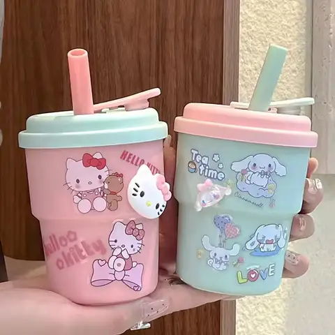 420ML Sanrio 3D Stickers Water Cup Student Office Worker New Cute Hello Kitty Straw Cup Portable Coffee Milk Cup Girl Good Gift