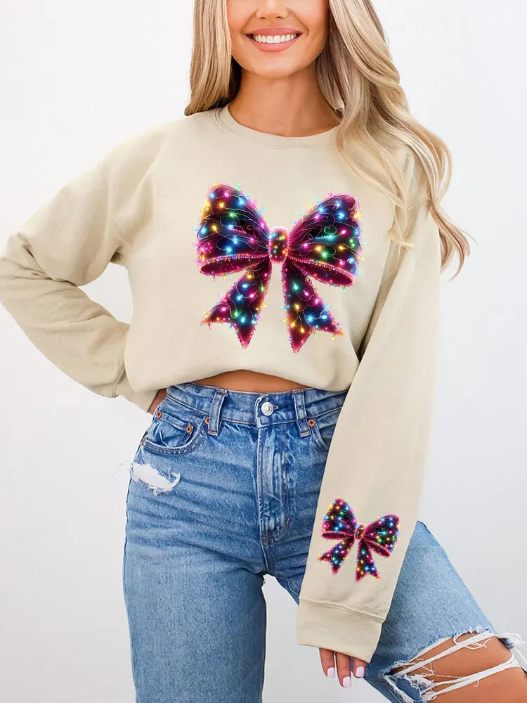 Christmas Lights Coquette Bow Print Sweatshirt Long Sleeve Round Collar Casual Sweatshirts Autumn Spring Oversized Women\'s Wear