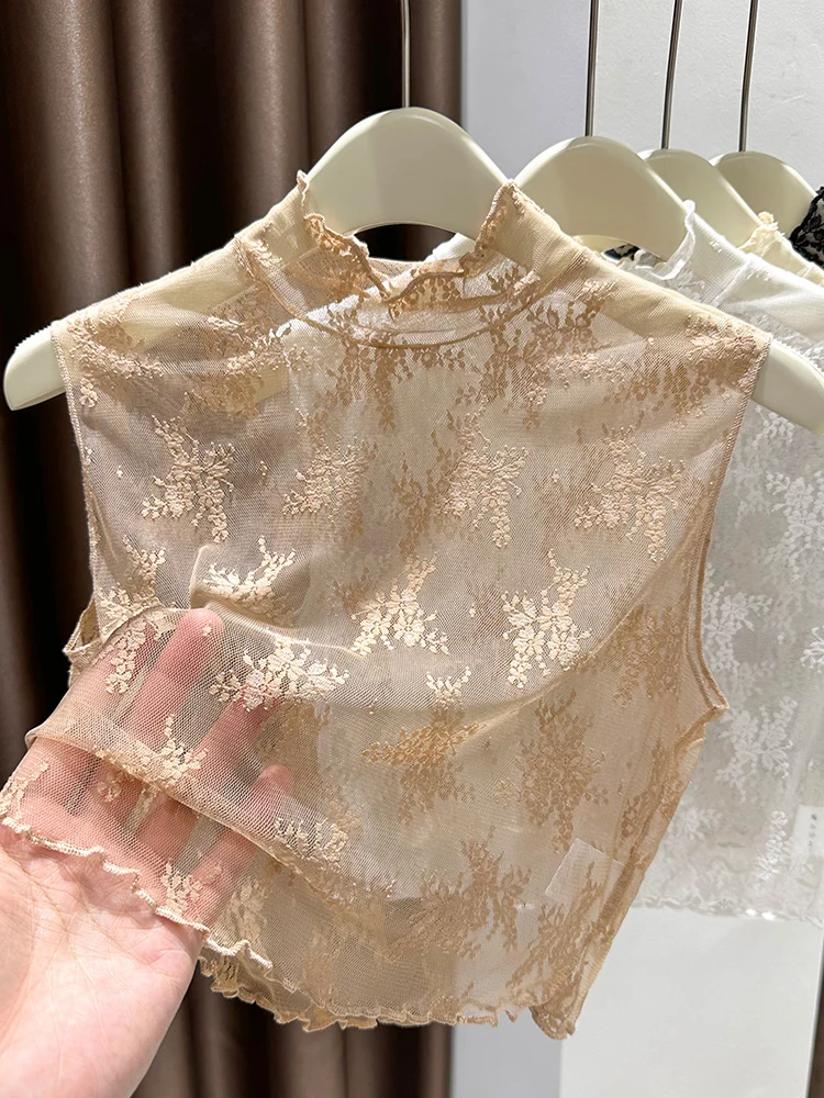 

Ele Layered Lace Svel Vest Inner Wear Floral Embroidery Fake Collar Women's Spring f High Ne Me Base irt