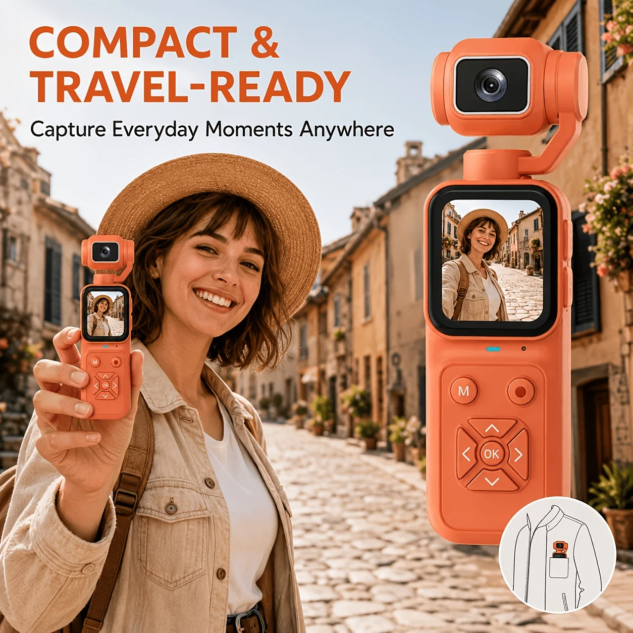 4K Pocket Action Camera,Handheld Vlog Camera With 1.69-inch,16x Digital Zoom, Portable For Outdoor Travel,Short Video Recording