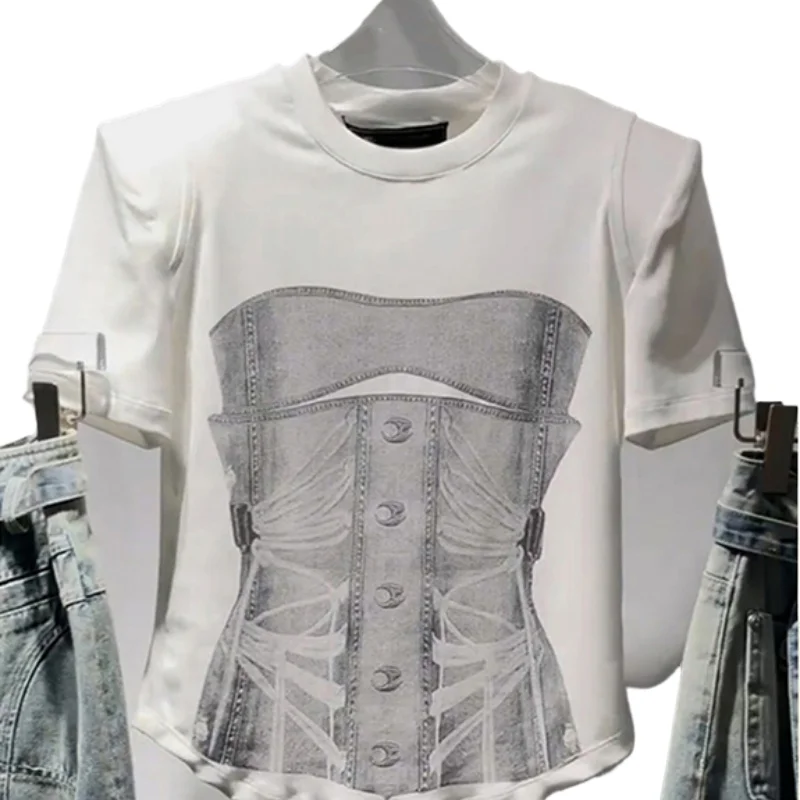 

American Summer Women's 2024 New Pullover O-Neck Patchwork Printing Fashion Slim Comfortable All-match Short Sleeve T-shirt Tops