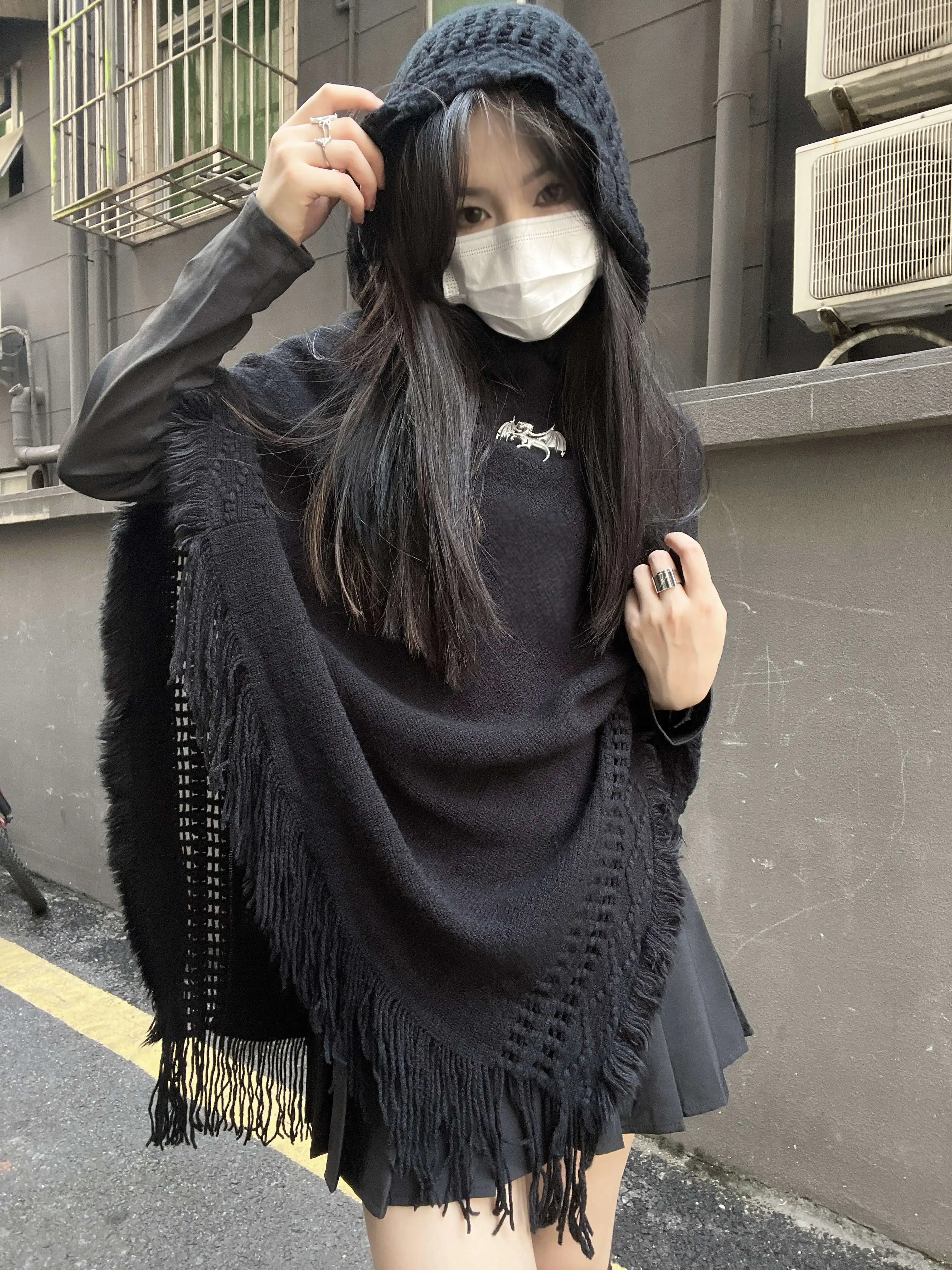 Japanese Original Dark Style Lolita Loose Knitted Cape Retro Elegant Lady Tassel Pullover Hooded Sweater for Women