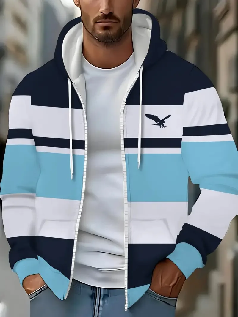 남성용 스트라이프 블랙 앤 화이트 그레이 라인 프린트 지퍼 후드 캐주얼 가을 겨울 아웃도어 재킷 y2k 지퍼 남성용 스웨트셔츠