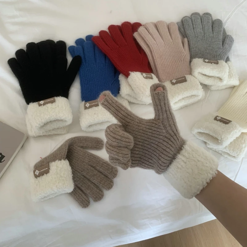 

Fashion Korean Gloves Touch Screen Winter Thicken Gloves Women Warm Knitted Stretch Full Finger Outdoor Skiing Gloves For Women