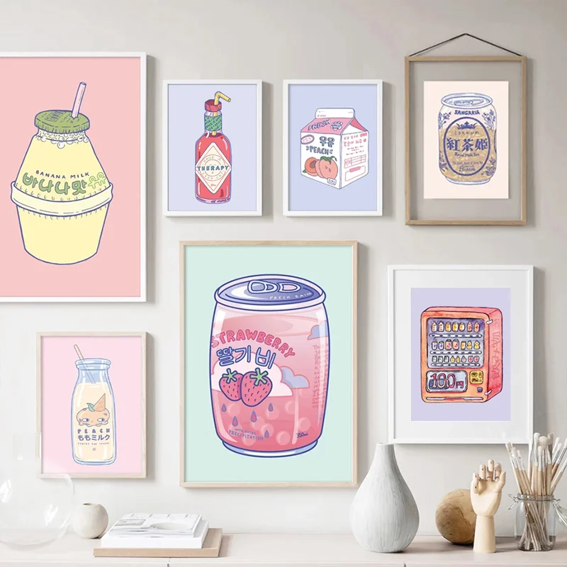 Cute Korean Milk Carton Juice Drink Cans Wall Art Canvas Painting Nordic Posters and Prints Wall Pictures for Living Room Decor