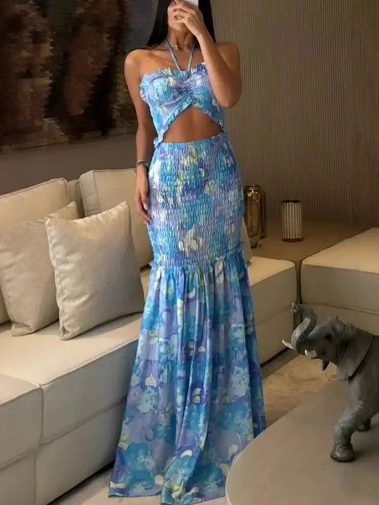 

Women Backless Off Shoulder Patchwork Ruffle 2026 New in Summer Dresses Party Vacation Chic Hollow Out Printed Halter Long Dress
