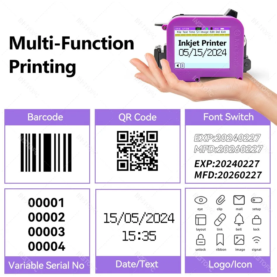 0.5 بوصة 12.7 مللي متر طابعة صغيرة طابعة محمولة QR بار دفعة رمز تاريخ رقم الشعار انتهاء الصلاحية يده طابعة نافثة للحبر التسمية
