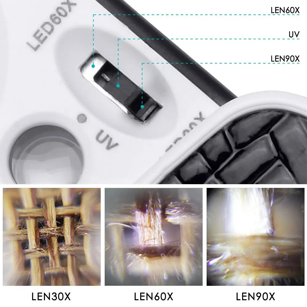 UV LEDライト付きポケットジュエリー拡大鏡、スライド式拡大鏡、光学レンズ、ダイヤモンドコインとスタンプ用ルーペ、30x、60x、90x