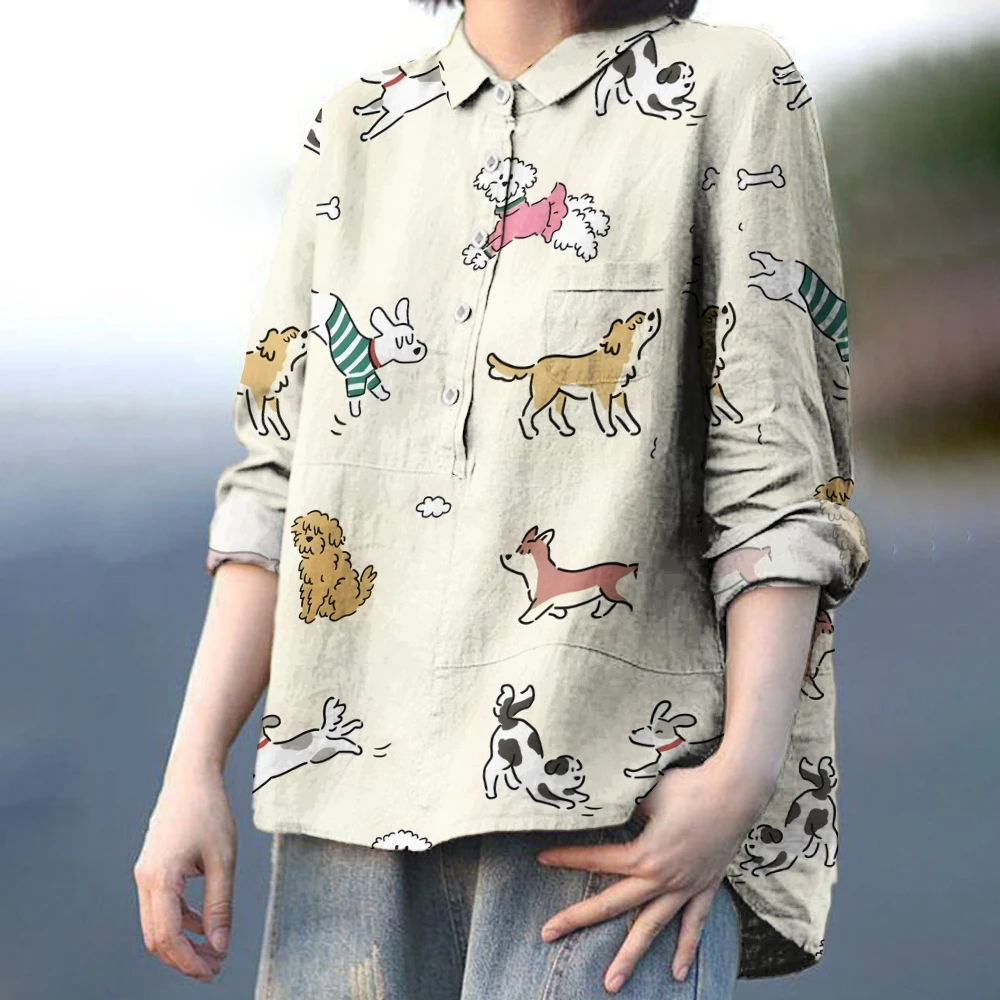 Cozy Cartoon Dog Print Long Sleeve Shirt Playful Cute Puppy Patterned Top for Everyday Charm Trendy Dog-Lover\'s Choice Outfit