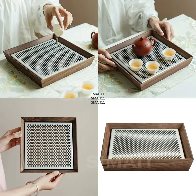 Light Luxury Square Walnut Aluminum Alloy Tea Tray 23.5cm Small Household Dry Drip Tea Tray