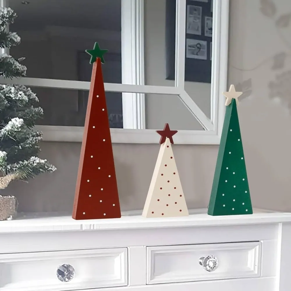 3pcs Christmas Tree Tabletop Ornament with Tree Top Star Xmas Tree Wooden Christmas Ornament Polka Dot Christmas Decoration