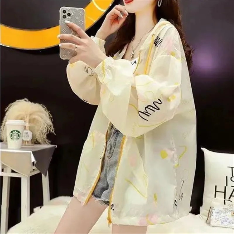 Fashion Print Ijs Zijde Zonbescherming Kleding Vrouwen Zomer Capuchon Lange Mouw Jasje Sjaal Anti-Uv Wilde Ademende Jas H2250