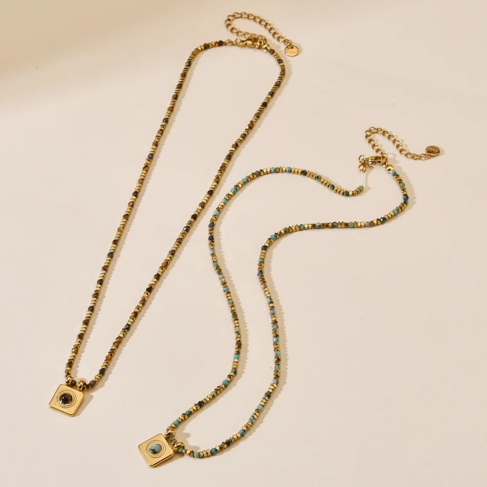 Neue Halskette aus Edelstahl mit quadratischen Perlen und Vintage-Tigerauge-Steinanhänger für Damen, modischer Trend, Schmuckgeschenk. – Detail 3