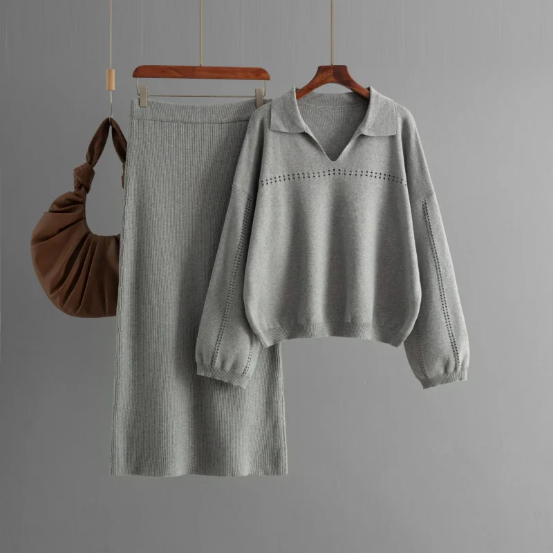 الأوروبية والأمريكية الخريف الشتاء محبوك طوق بسيط جوفاء بلون فضفاض فستان طويل مجموعة #6