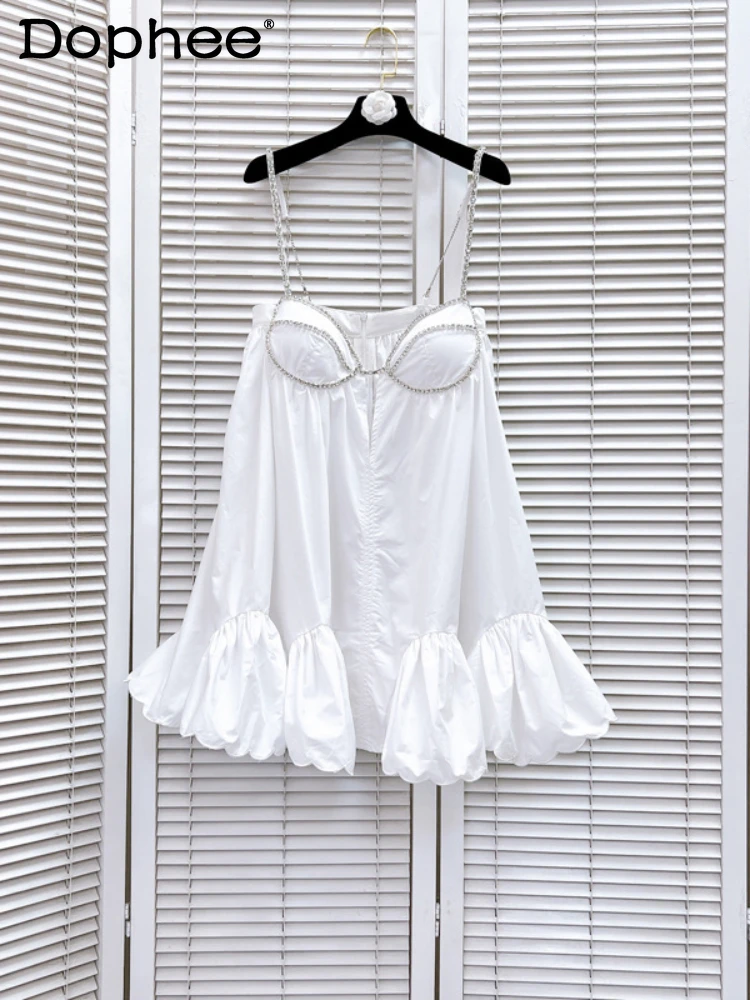 

French Heavy Industry Tube Top Rhinestone Short Sexy White Dress 2024 Spring Summer New Sweet Spaghetti-Strap Dress for Women