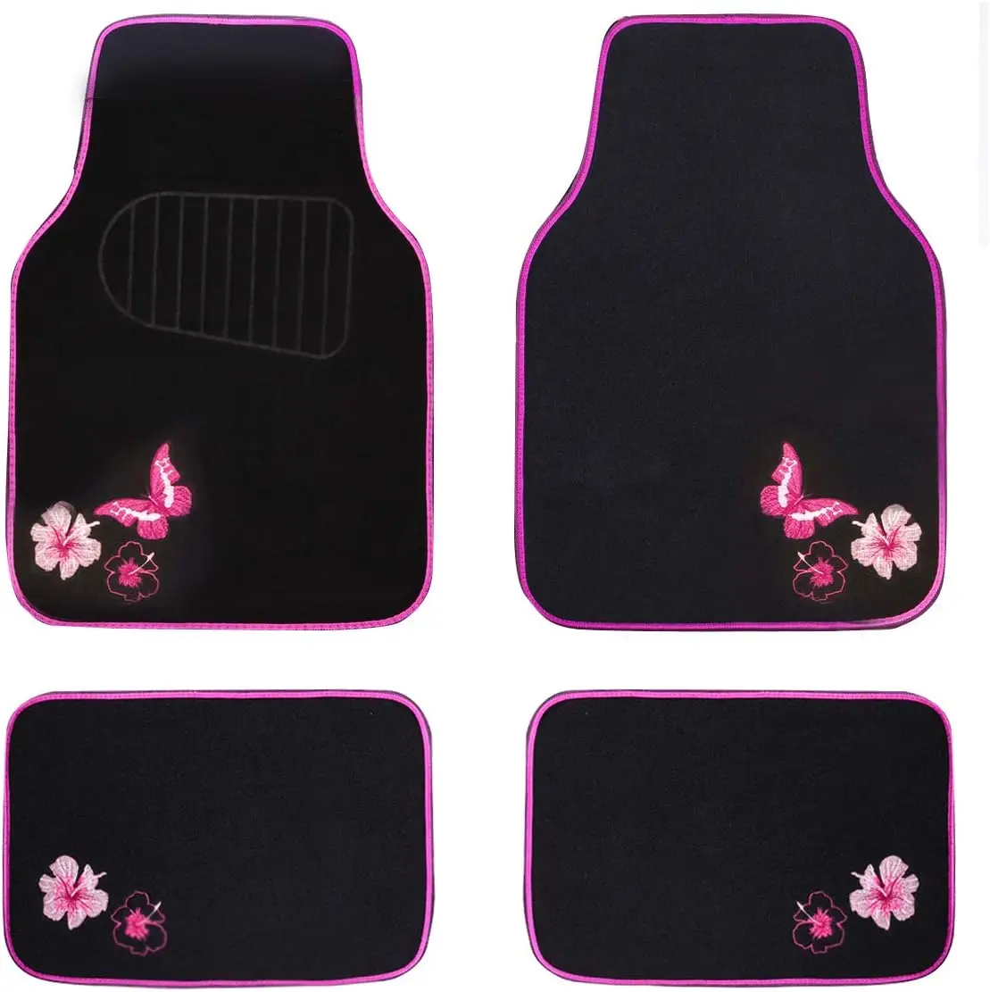 

Pink Butterfly Flower Car Floor Mats, Universal Fit for 95% Cars, SUVs, Sedans, Vans - Set of 4 Black with Pink