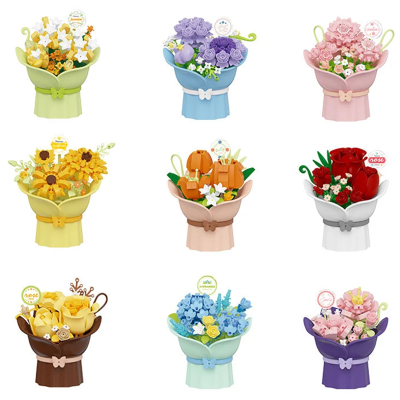 Mini Particle Rose Bouquet Building Blocks Birthday Gift Palm Flower Island Small Pile Assembly Blocks for Adults