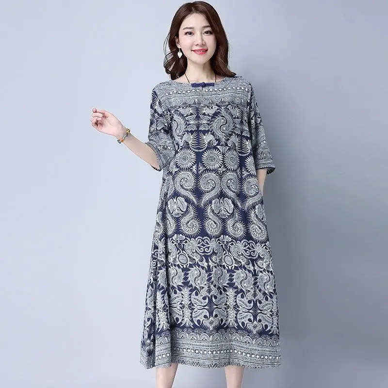 Robe mi-longue en lin pour femmes, vêtements surdimensionnés, ample, imprimé, Vintage, bureau, col rond, manches courtes, t-shirt fin, été