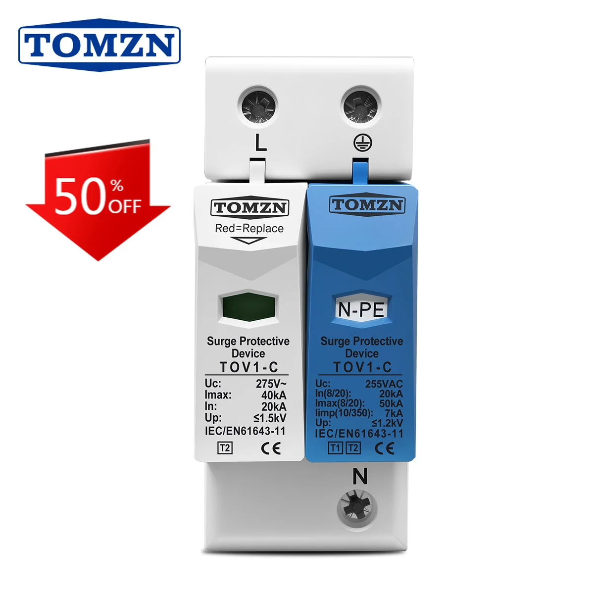 TOMZN AC SPD 1P+NPE 50KA T1 T2 385V 255V  House Surge Protector Protective Low-voltage  Arrester Device