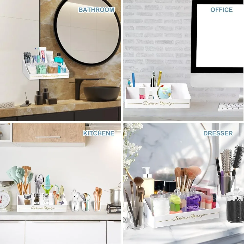 منظم كونترتوب الحمام، حامل فرشاة الأسنان للحمام مع 3 قطع من موزع حامل Qtip وصرف حامل معجون الأسنان