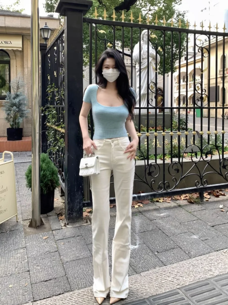 

Эластичные джинсы с высокой талией и микро-клеш, утягивающие эластичные джинсовые брюки, хлопковая эластичная ткань, летняя коллекция с водной талией, длинная футболка...