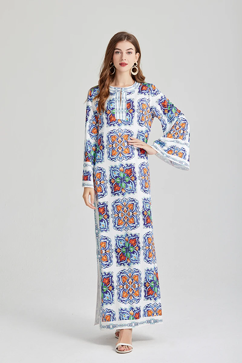 

Summer Fashion Runway Blue and White Porcelain Loose Dress Women O-Neck Bat Sleeve Bohemian Long Split Robe Vestidos