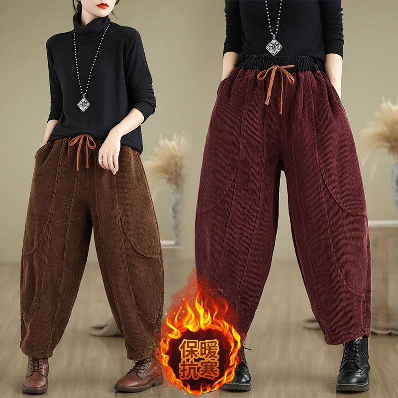 Corduroy Bloomers Women Loose Harlan New Elastic Waist Warm Retro Trousers Autumn Winter Fashion Big Pocket Wide-Leg Pants
