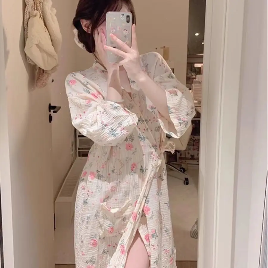 

Korean Sakura Fashion Nightgown Kimono Spring Autumn New Casual Pajamas Home Wear Women's Lace-up Sleeping Hot Clothes Cute Lady