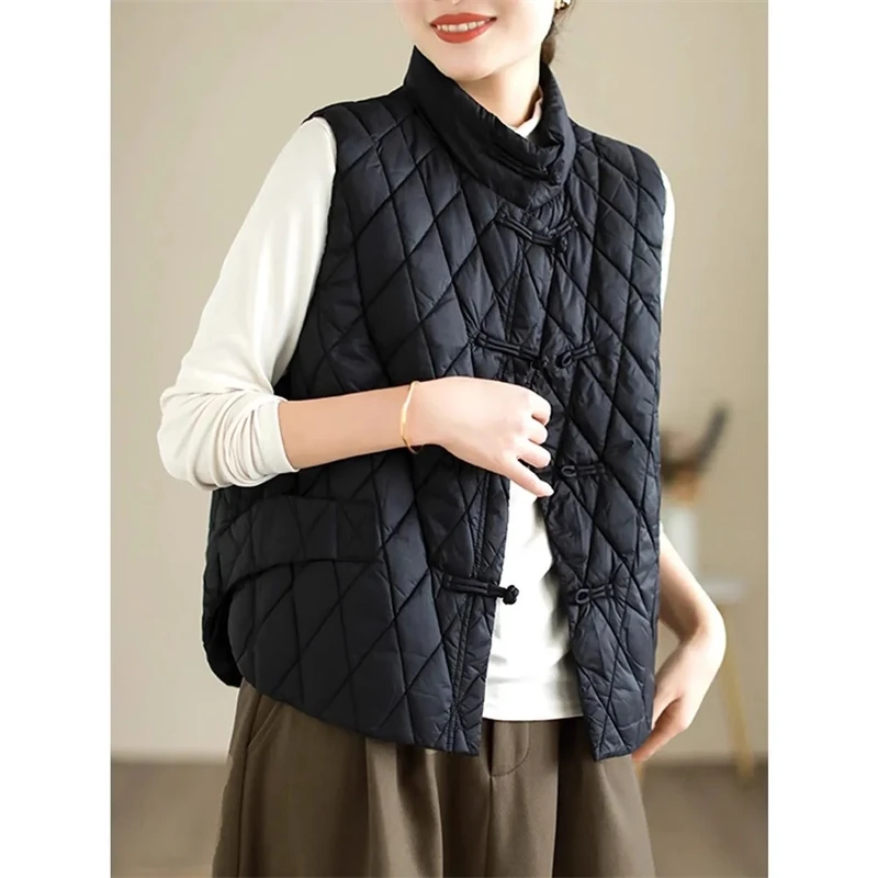 2024 New Autumn Winter Parkas Women Puffer Vest Loose Cropped Stand Collar Sleeveless Vest Jackets Down Cotton Padded Waistcoat