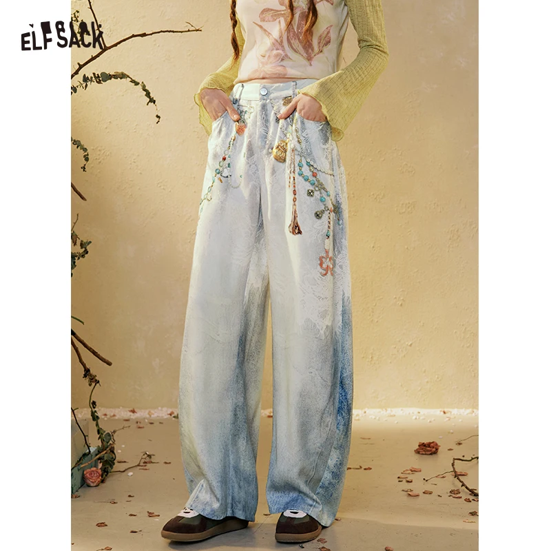 ELFSACK Women's High Waist Jeans with Beaded Chain Print, Loose Wide Leg Denim Pants, Casual Vintage Streetwear Bottoms