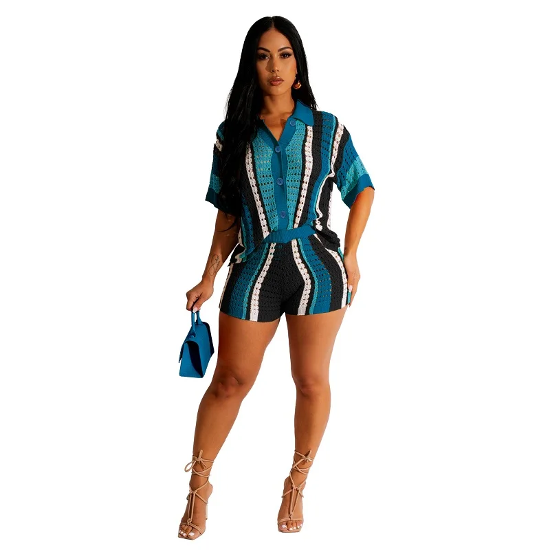 2023 New Crochet Rainbow 2 Pieces Beach Outfits Sexy Women Hollow Out Short Sleeve Shirt and Shorts Cover-ups Beachwear Cover up