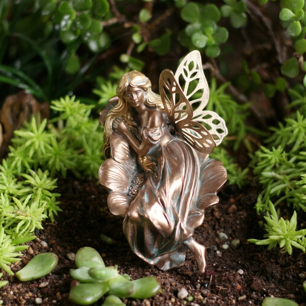 Resin Flower Fairy Garden Statue Copper Colored Ornament Outdoor Lawn Decor for Patio Home Decoration