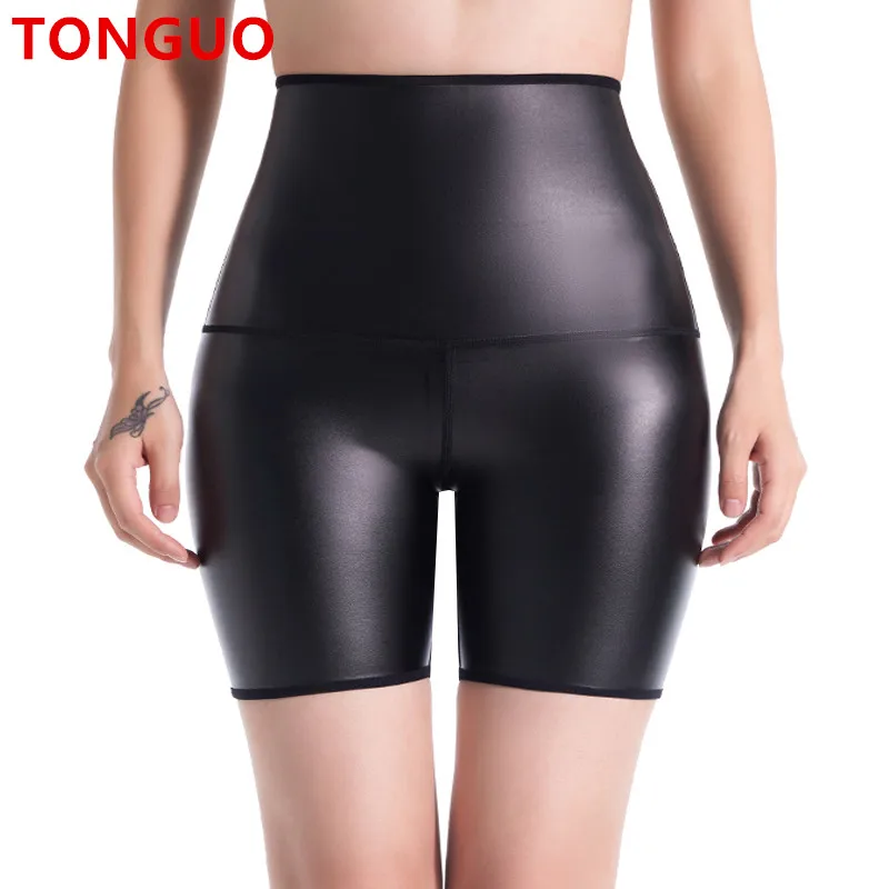 TONGUO Women's Stretchy Faux Leather Leggings Pants Sexy Body Shaper High Waisted Tights Shorts 3-hook Pockets Leather Shapewear