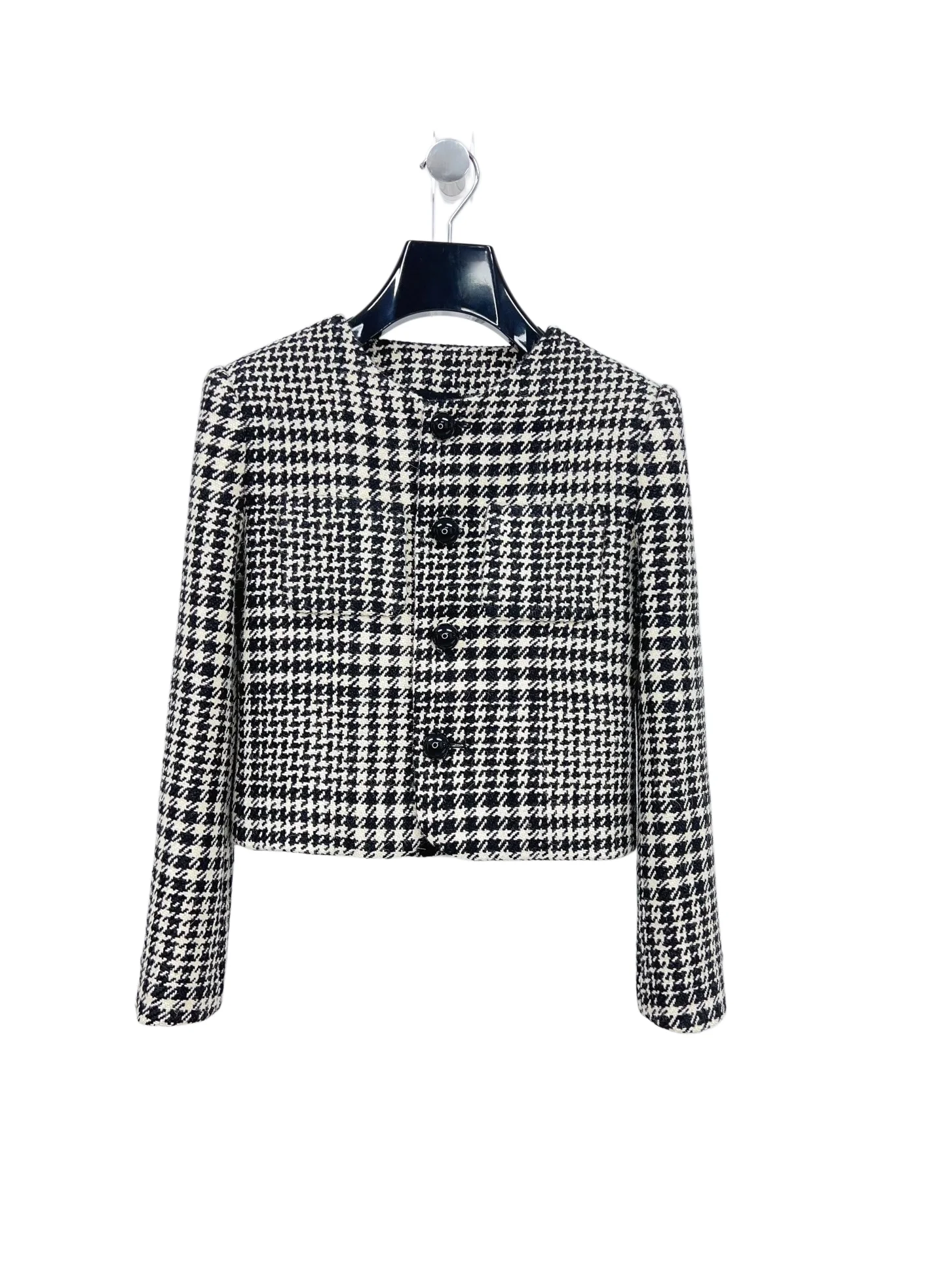 

Women's Houndstooth Cropped Jacket Elegant Tweed Short Blazer Vintage Button Front Cardigan Business Casual Autumn Winter Office