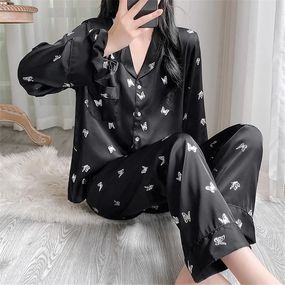 

Butterfly 2PCS Pajamas Suit Long Sleeved Shirt Trouser Satin Sleepwear Sexy Kimono Bathrobe Gown Casual Nightwear Homewear