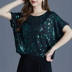 Casual Loose Fashion Leopard Pullovers Summer New Petal Printed Female Clothing Round Neck Commute Short Sleeve Spliced T-shirt