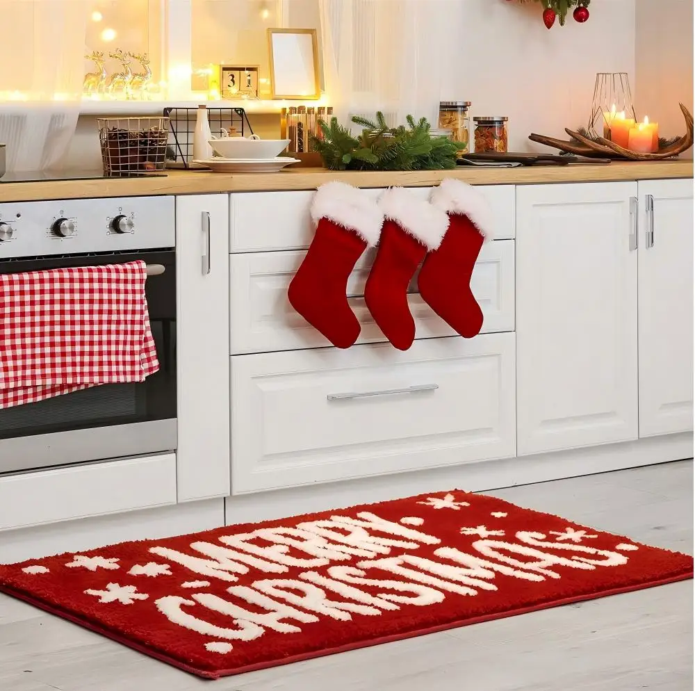 VIKAMA الأحمر عيد الميلاد غرفة المعيشة السجاد الزخرفية المضادة للانزلاق غامض السرير البساط لغرفة النوم الحمام الكلمة حصيرة ديكور المنزل