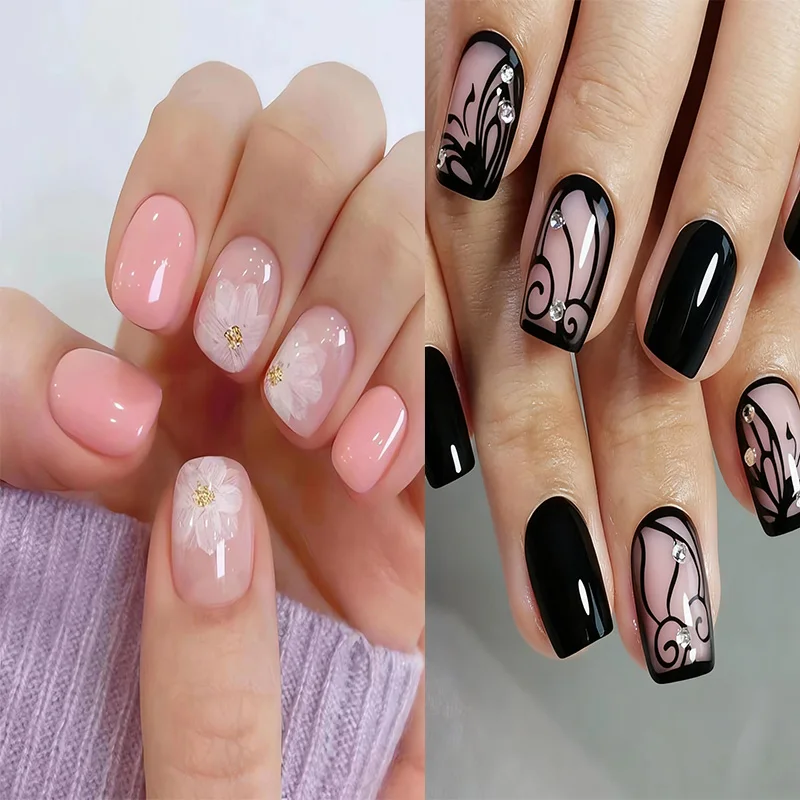 

24Pcs White Ice Camellia Short False Nails Art Light Pink Sweet Girls Press on Nails Full Cover Removable Fake Nail Set