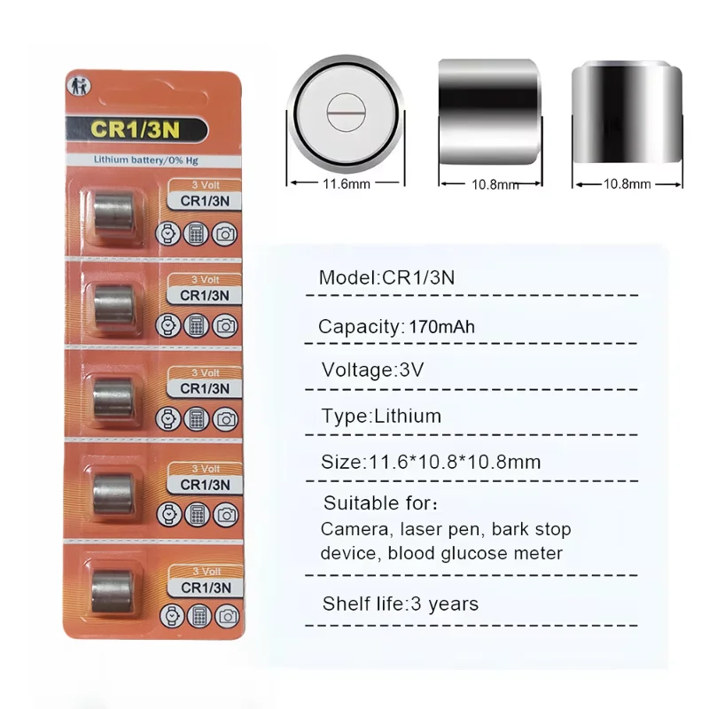 3V 170mAh Lithium Button Cell Battery Replacement for CR1/3N DL-1/3N, High Power for M6 M7 Camera Laser Sight Dog Collar