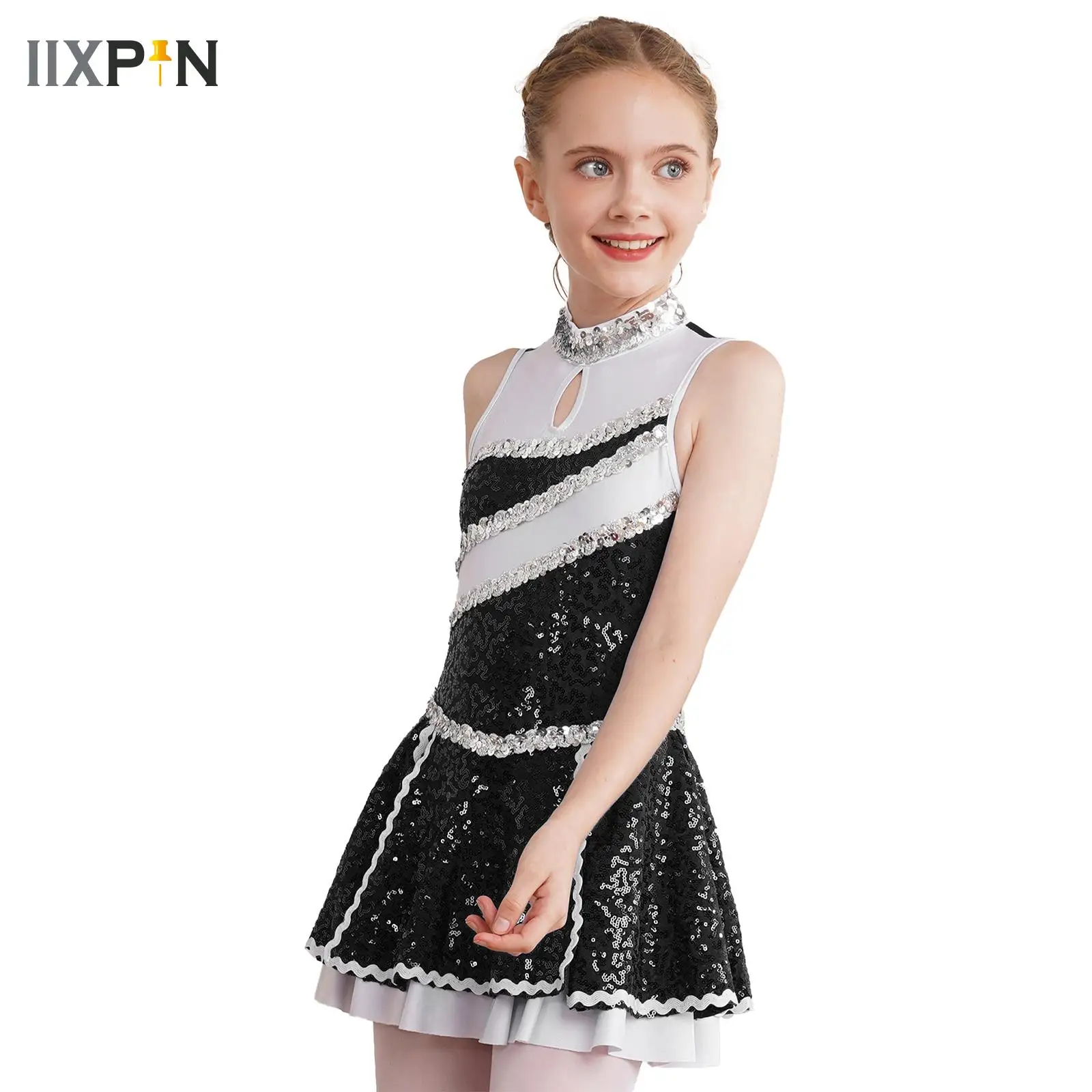 

Kids Girls Figure Skating Tutu Dress Shiny Sequins Cheerleading Uniform Schoolgirl Dance Costume Carnival Halloween Costume